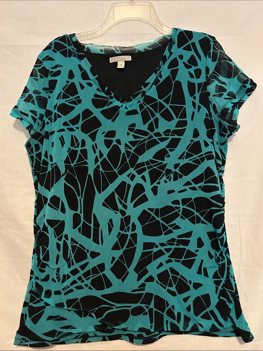 Dana Buchman Teal & Black Abstract V-Neck Short Sleeve Top